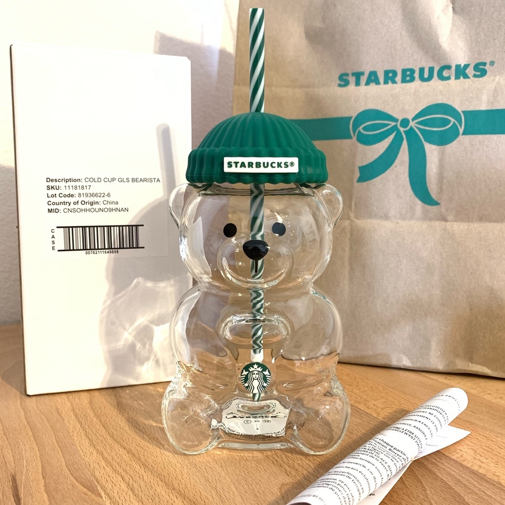 Starbucks Bearista Barista Bear Glass Jar Cold Cup Tumbler with Straw New Rare